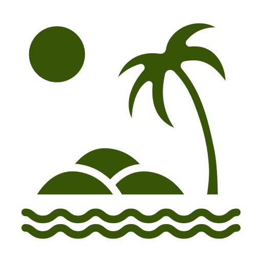 Island icon with palm tree and sun.