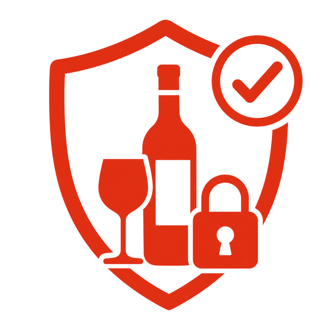 Alcohol safety shield icon with bottle and lock