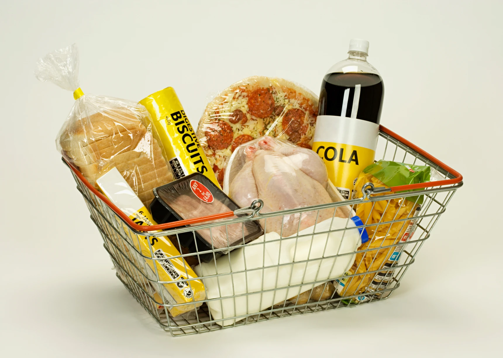 Shopping basket with assorted groceries and drinks.